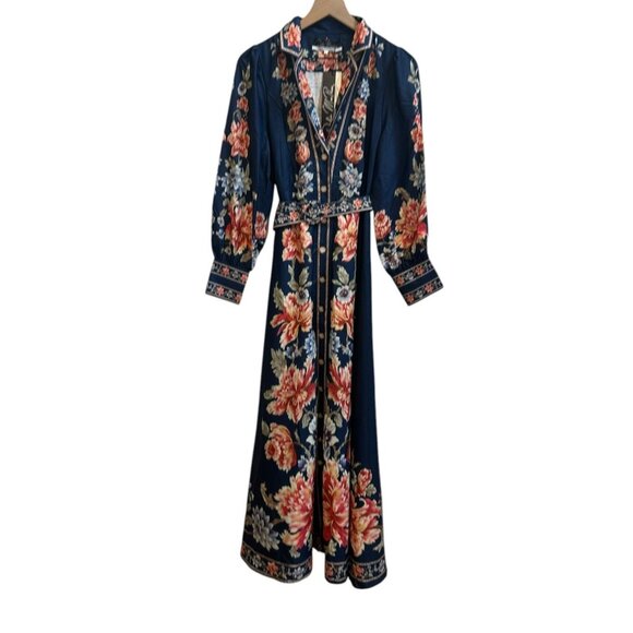 Dalia MacPhee Floral Maxi Dress Belted Button Front Sz Large NEW $250 Navy - Picture 6 of 13